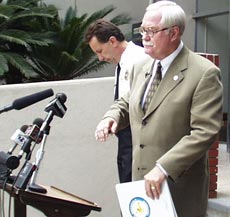 Bakersfield Mayor Harvey Hall assures the people that Bakersfield is safe Tuesday in a press conference outside the city council chambers in downtown Bakersfield.