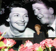 Former first lady Nancy Reagan watches a video tribute to the love she and her husband, former President Ronald Reagan, have shared for each other over the years.