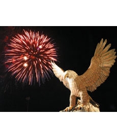 A brilliant display of fireworks lights up the sky over the bald eagle statue on the conference grounds.