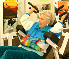 Marilyn Moore, a 75-year-old student, works out during her adaptive physical education class.