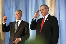 Richard Myers, former chairman of Joint Chiefs of Staff, and former general Tommy Franks stand together during the 21st and final Bakersfield Business Confrence. Myers was one of the suprise guests and the final speaker.