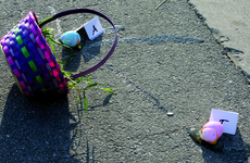 A basket and broken eggs is what is left at the crime scene after the fatal shooting.