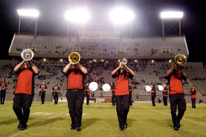 The new BC marching band performs during halftime at Memorial Stadium on Oct. 3. Tim Heasley, an adjunct music professor at BC, recently regrouped the marching band.