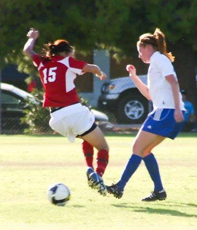 BC left midfielder Britanny Hunt attempts to steal the ball from a Santa Monica College player in the 0-0 tie Oct.2.