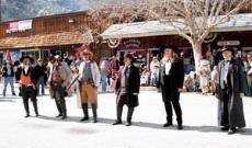 Contestants in the fancy men division of the Whiskey Flats Days costume contest await the decision of the judges in Kernville on Feb. 20. The contest challenges entrants to recreate authentic costumes from Kernvilles past.