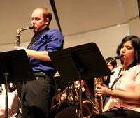James Russell (left) and Danielle Morin play the alto and baritone saxophones  respectively at a Bakersfield College jazz concert in the Indoor Theater on April 1.
