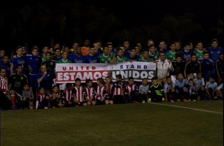 CSUB and Mexicos U-17 promoting Estamos Unidos together before the game on March 1.