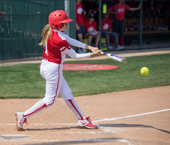 Sophomore utility player Kathryn Alderete connects for a base hit March 11 vs. Fresno.