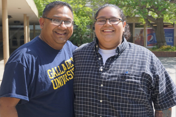 Jesse Trevino (left), a deaf student at Bakersfield College, poses for a picture with Amanda Rangel (right), a student in the ASL program.