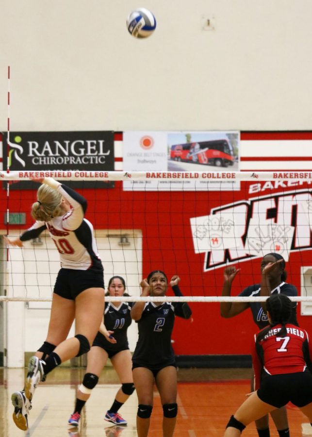 Bakersfield College Volleyball player Alex Paris prepares to spike the volleyball, jumping midair, on West Los Angeles College during a play.