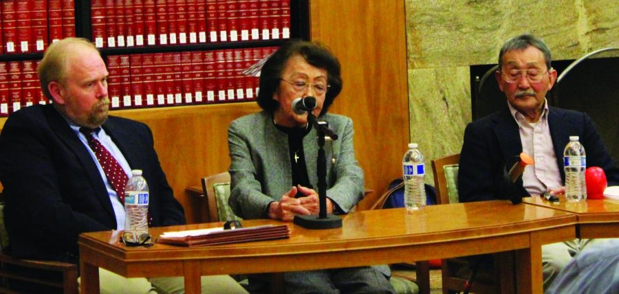 Dr. Douglas Dodd, Mary Higashi and Dr. Fijimoto discuss and answer questions about the Japanese Internment event that was held in the CSUB library Tuesday night