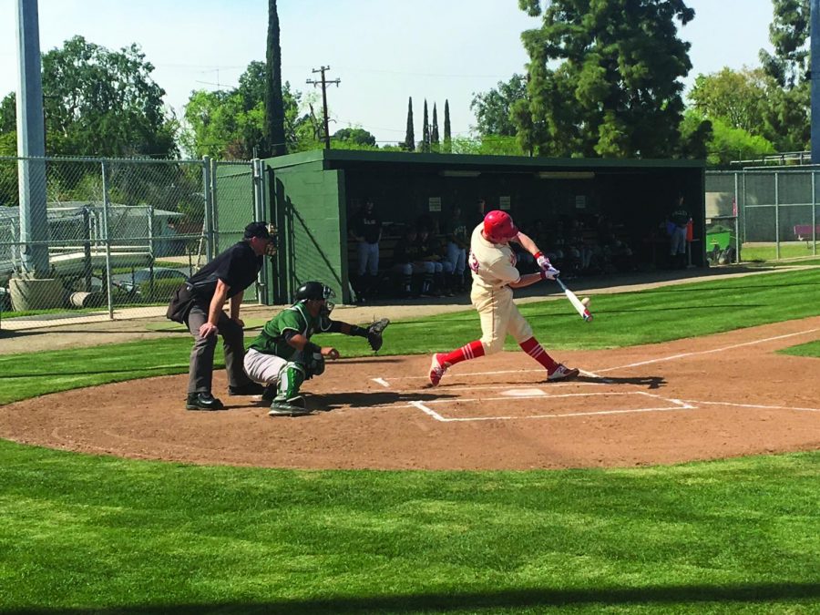 Bakersfield College player Zach Williams driving through the ball in the bottom of the fourth inning against LA Valley at Gerry Collis Field.