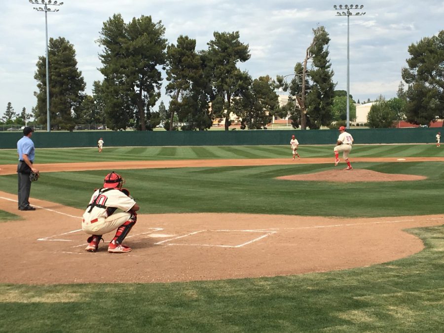 Bakersfield College pitcher Chris Diaz on the mound warming up with catcher Kyle Willman in their game against LA Valley College on April 10.
