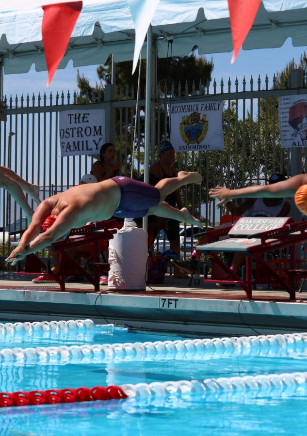 BCs Juan Escalante jumps from the starting platform into the pool on the final day of the three day meet.