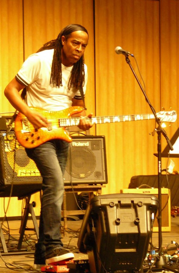 Doug Wimbish performs passionately for a large crowd at the Indoor Theater on Sept. 24. He is the bassist for Living Colour and was a member of the hip-hop group The Sugarhill Gang.