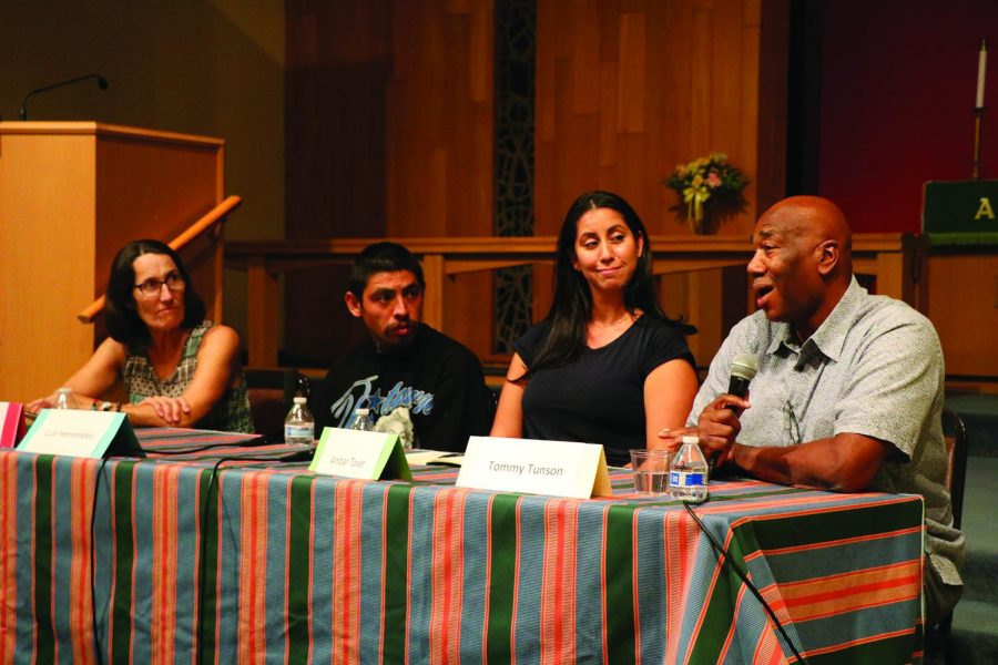 From the left of photo is Jeannie Parent, Luis Rodriguez, and Ambar Tovar listening to Bakersfield College criminology professor Tommy Tunson speak at the Mesa Verde forum.