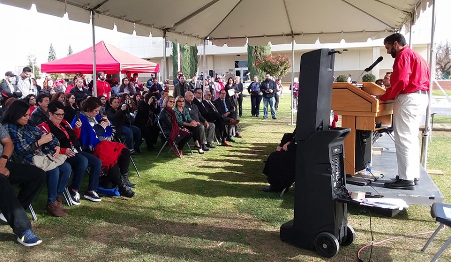 1.	Director of Student Life Nicky Damania, speaks to a crowd of listeners at the Campus Center Groundbreaking event on Jan. 16. 