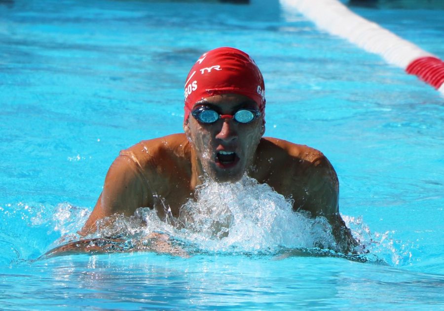 Andre Gallegos on day two of the Cuesta Invite on the BC pool deck, on March 9, Men’s Swimming finished second overall.
