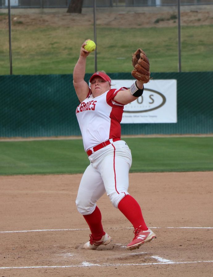BC’s softball pitcher Kylee Fahy during a conference game at the Dean & Adah Gay Sports Complex. Fahy is currently leading the state with strikeouts. 