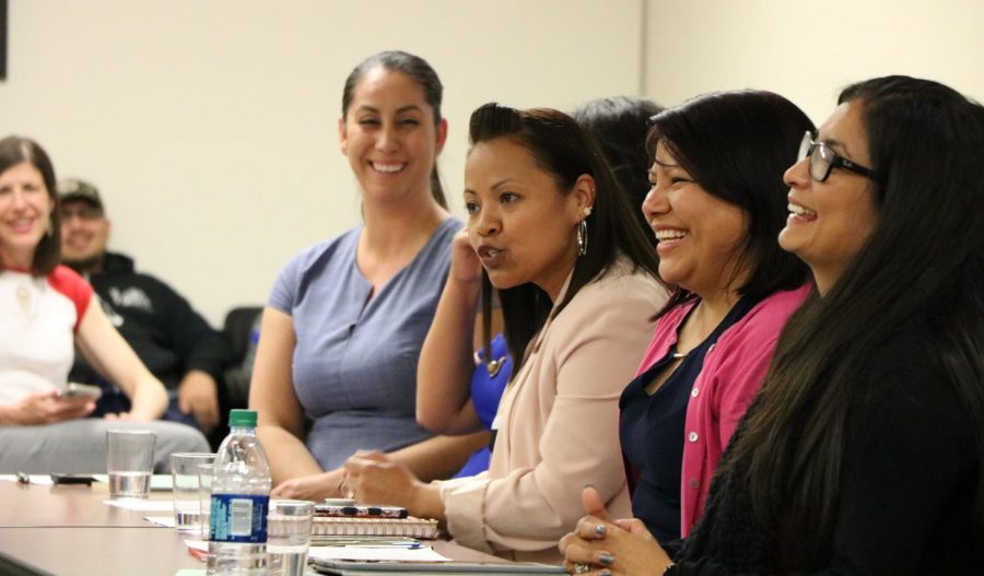 (From far left to right) Amber Tovar, Isabel Bravo, Rosa Lopez, and Olivia Garcia discussing at the roundtable led by BC’s Latinas Unidas Club titled, “Navigating Higher Education” on April 10.