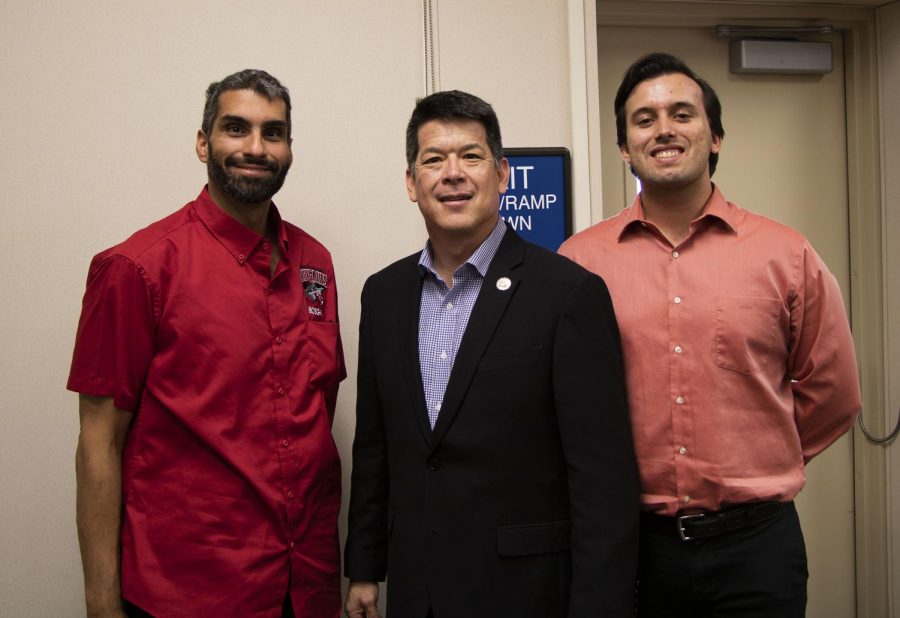 TJ Cox (center) visits the Bakersfield College for a Power Lunch with students and Nicky Damania (left) and Jonathan Maddon (right).