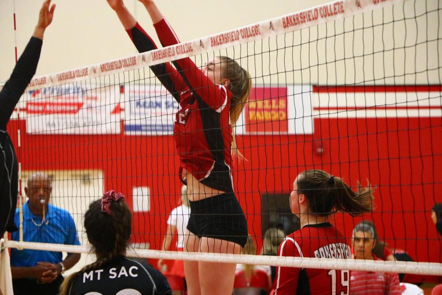 Emily Clark puts up a huge block against Mt. San Antonio