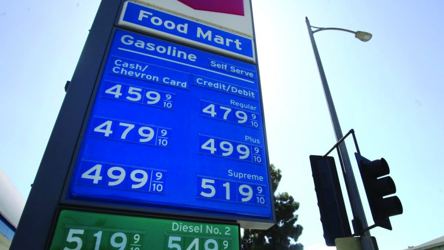 The gas prices per gallon at a Chevron Gas Station in the Los Angeles area. Gas prices are nearing the $5 mark, whereas other gas stations in California are already above that mark. 