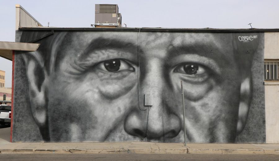 Civil Rights Activist, Cesar Chavez mural painted by international muralist Cobre. The mural is located downtown at the corner of L and 18th St across from Sequoia Sandwich Company. 