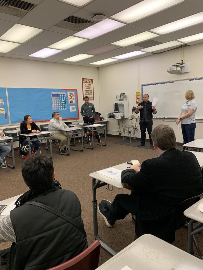 Jorge Barrientos, Mark Nessia, and Jennifer Burger teaching students how to write structured news stories during the newspaper writing workshop at Journalism Day held on Feb. 6 on the main campus of Bakersfield College. 