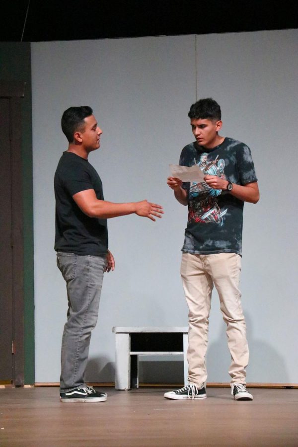 TJ Sandoval (left) and Cameron Patterson (right) playing their characters in “The Pillowman.”  The production is a dark comedy thriller that will be performed by the Bakersfield College theater department. 