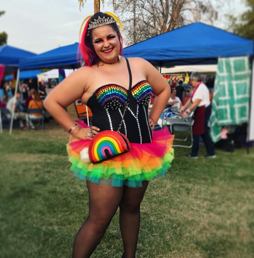 Daniela Walkover wearing her home-made outfit to a Pride parade. 