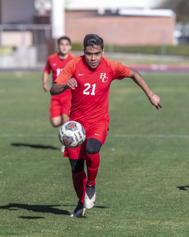 Bakersfield College Soccer team player Juan Agripino #21, playing on the field in the last game of the Spring season. 