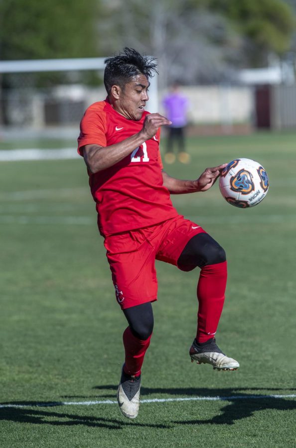 Number 21 on Bakersfield Colleges mens soccer team sophomore Juan Agripino playing his position as a wide midfielder during the Spring 2021 season.