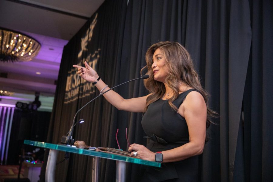 Professor and chairwoman of the Hispanic Chamber of Commerces board of directors featured here speaking at an event for the Hispanic Chamber of Commerce.