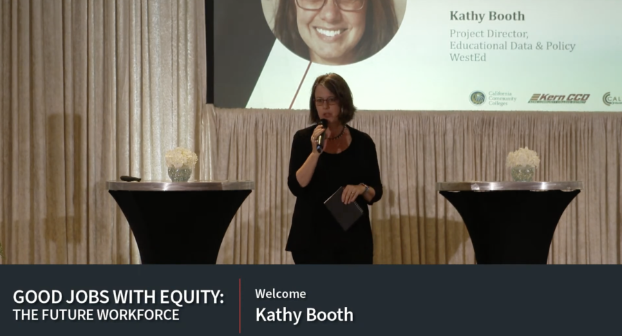 Kathy+Booth%2C+project+director+of+educational+data+and+policy+at+WestEd%2Ctalking+to+the+audience+at+the+panel+about+student+pathways+into+the+workforce.