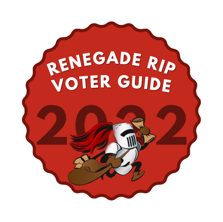 red circle with white type that says Renegade Rip voter guide, black type 2022 with renegade rip logo