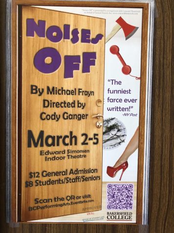 "Noises Off" flyer listing writer and director, cost of admission and play dates.