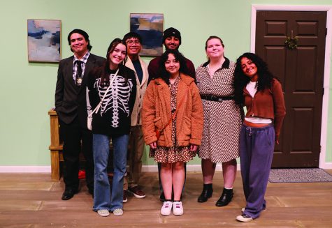 The cast posing after a dress rehearsal from left to right Phoenix Dominguez playing Detective Cole, Riss Halbwachs playing Callie, Arnold Barrage playing Peter, Margarita Diaz playing Sara, Jaspreet Singh playing George, Tiffiny Wright playing Mrs.Winsley and Nurse, and Manuela Torres-Orejuela, the student director.