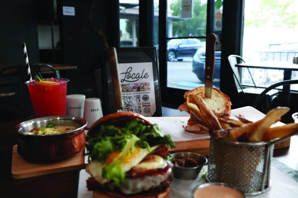 Picture of “Bacon + Fig” burger, potato leek soup, bacon and turkey melt, and agua Fresca from Locale Farm to Table Eatery.