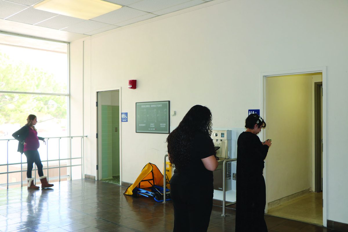 Small Line of students forming outside the Language Arts building bathrooms.