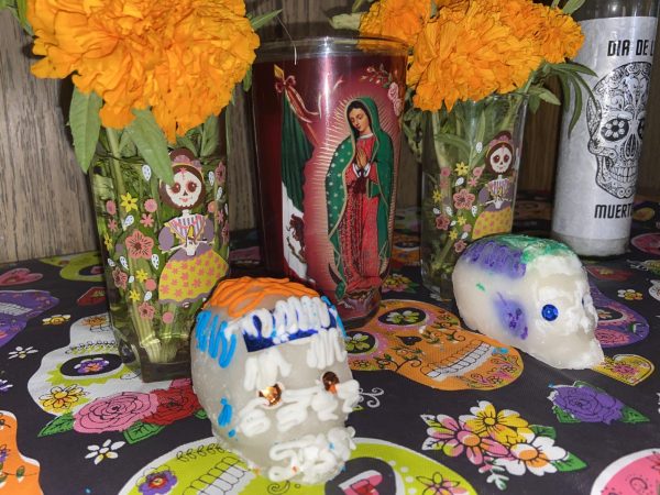 An altar for Día de los Muertos in the process of being prepared ahead of the day.