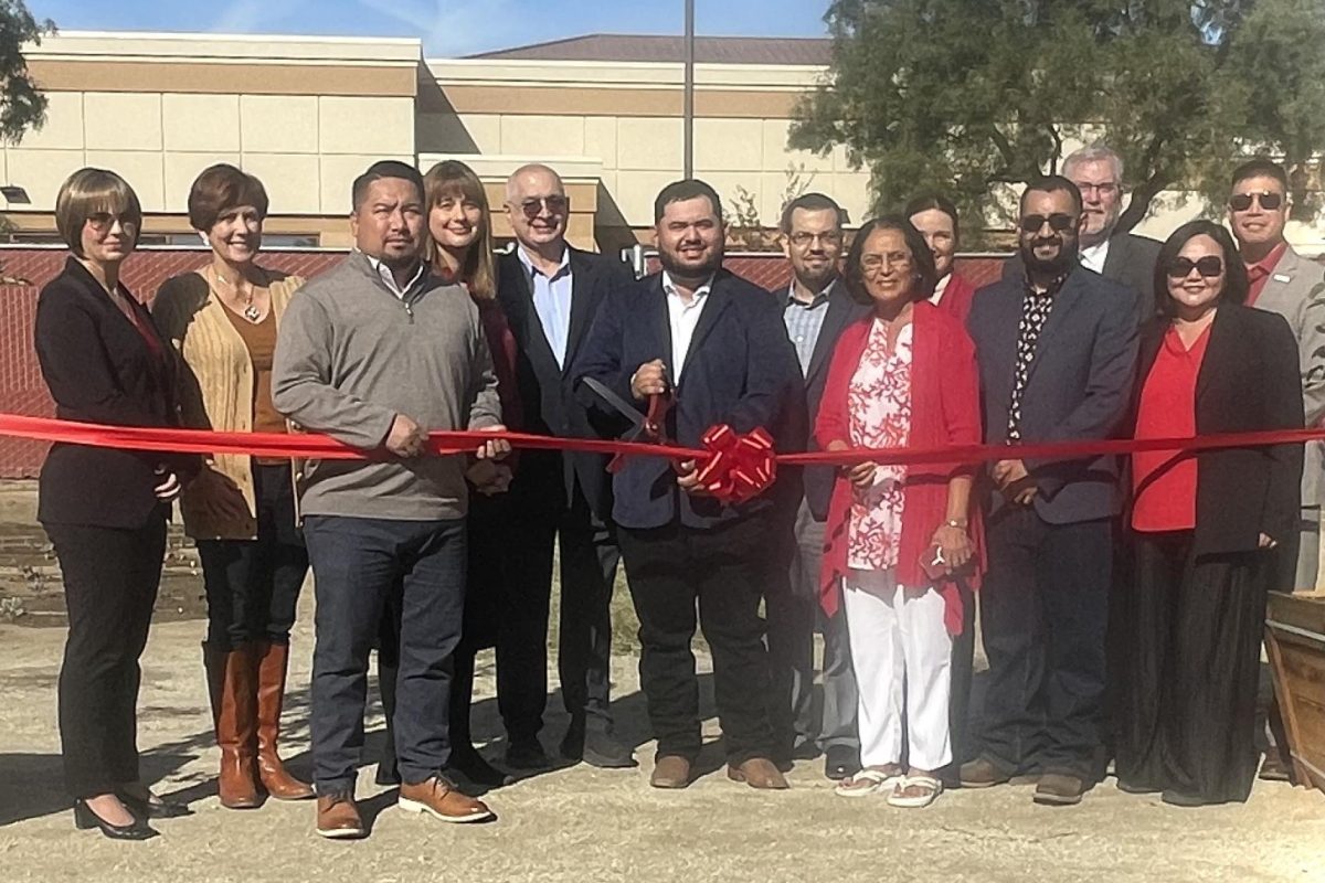 Faculty+and+community+leaders+join+agriculture+student%2C+Gustavo+Villa%2C+as+he+cuts+the+ribbon+at+Delano%E2%80%99s+new+regenerative+farm+on+the+BC+campus.