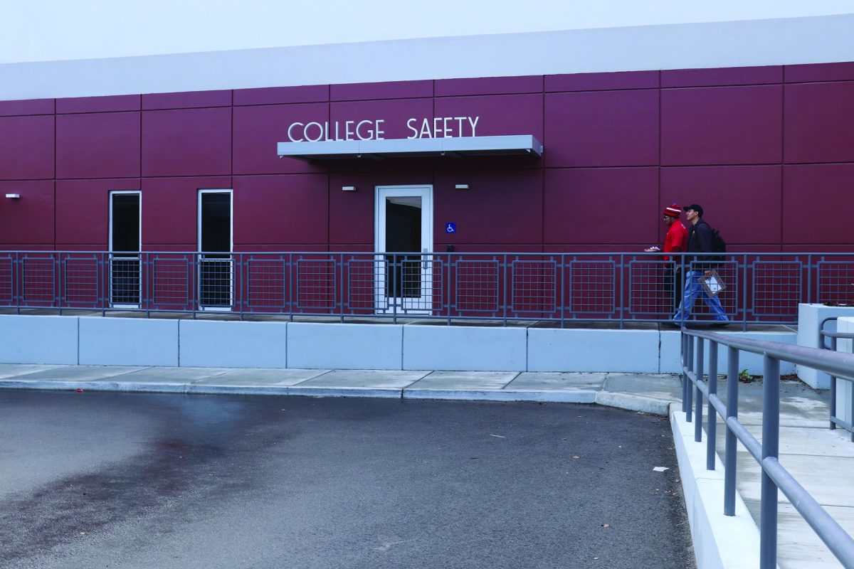  Students walking into the AS Building, where college safety is located.