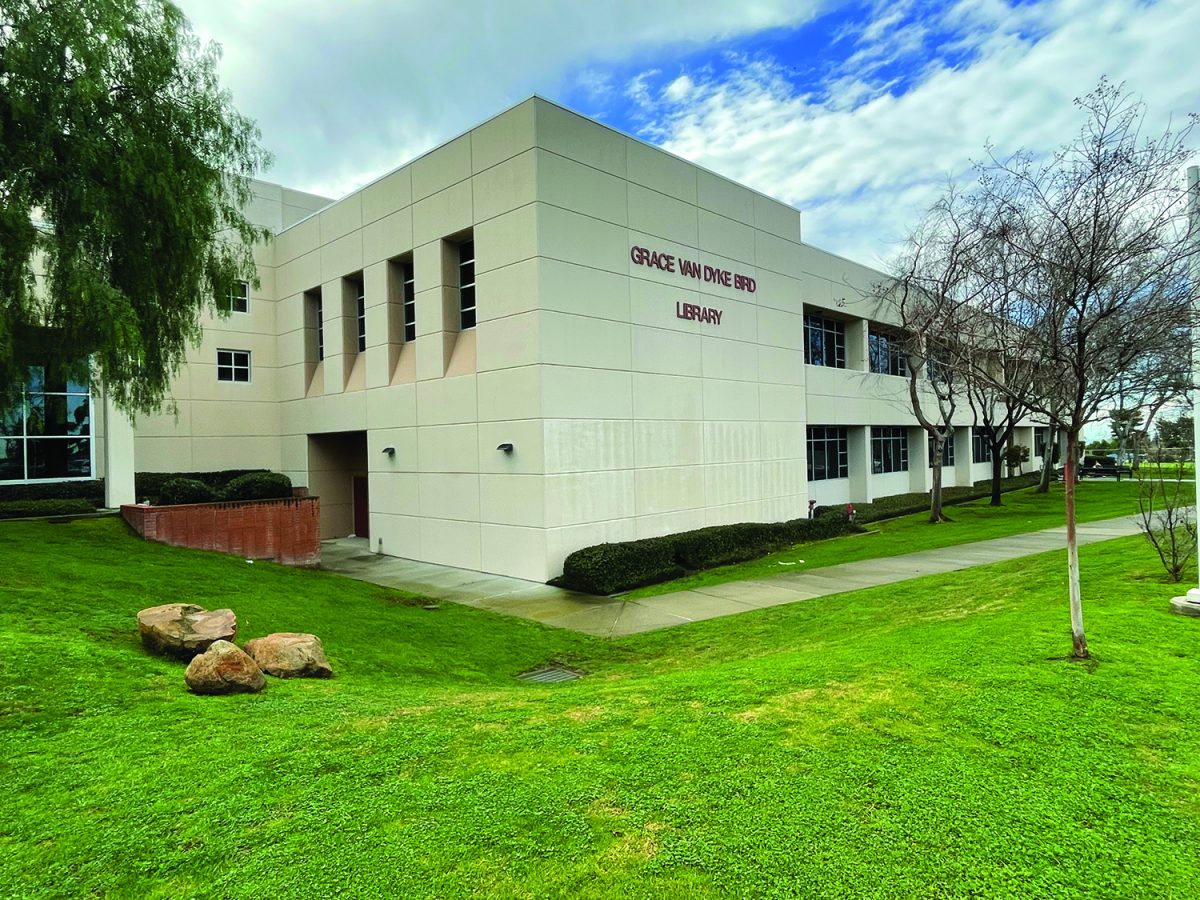 Northern face of Bakersfield College’s Grace Van Dyke Bird Library, taken from the BC main entrance roundabout