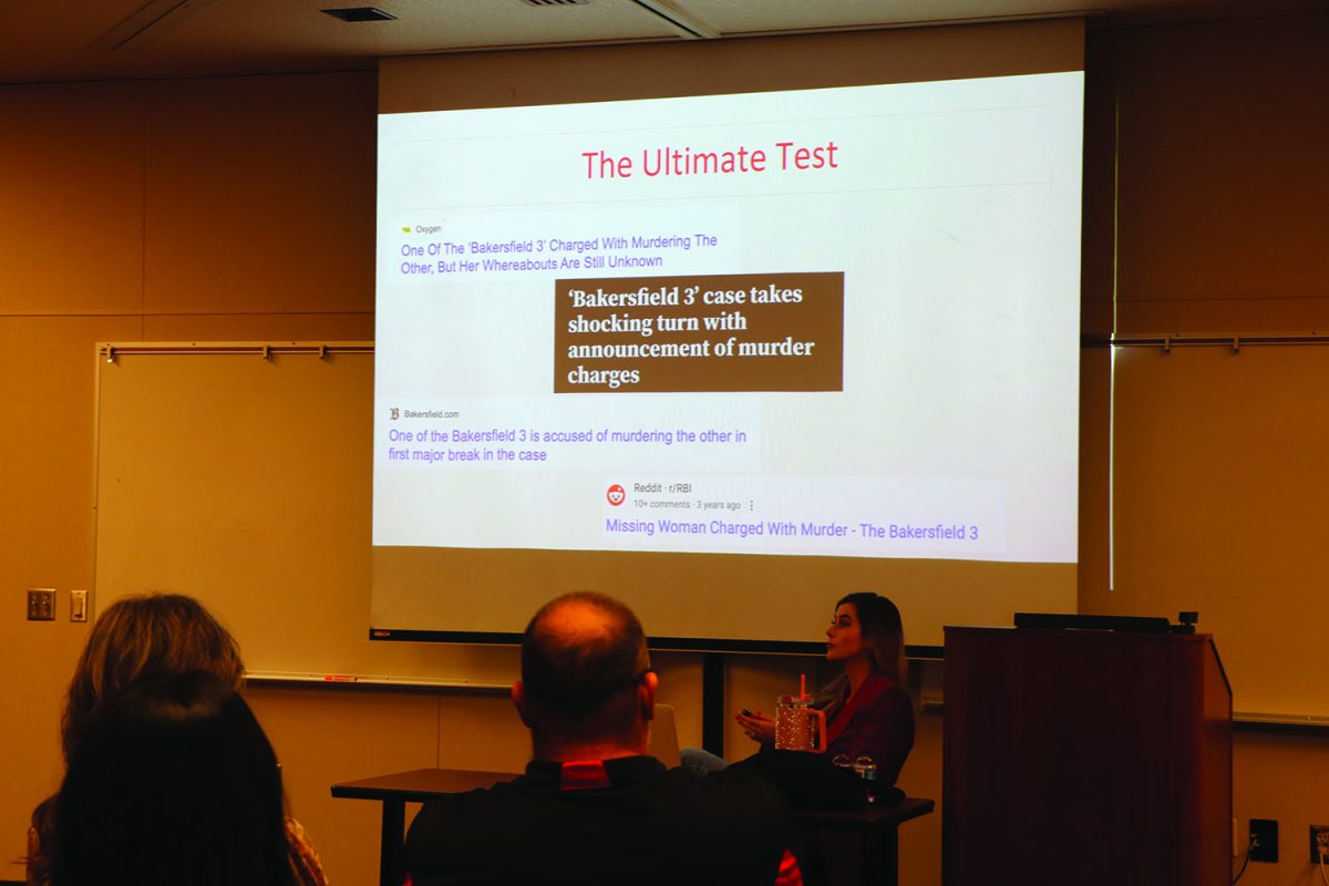 Olivia LaVoice shares a presentation on “The Bakersfield Three” case at the Bakersfield College Levans Center on April 3.
