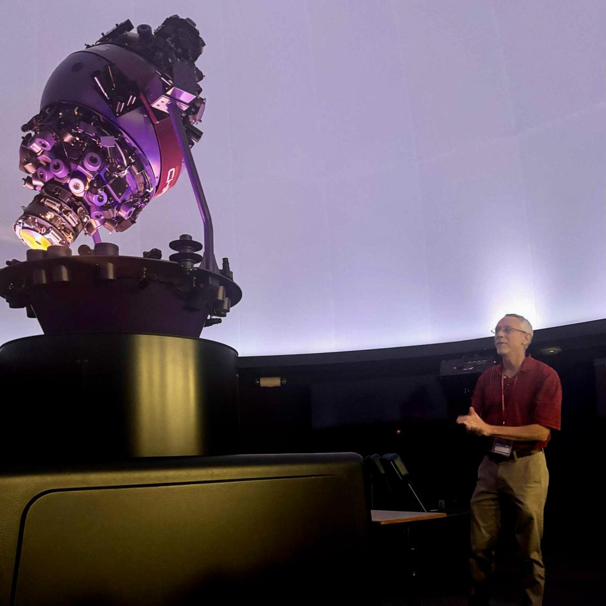 Professor of Astronomy and the Director of the planetarium, Nick Strobel as he begins his astronomy show at BC William M. Thomas Planetarium