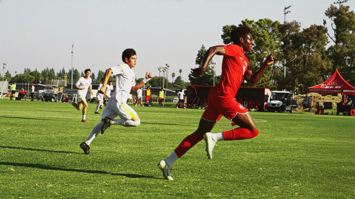 The crowd rises as Desert and Bakersfield College men's soccer players surge towards the goal post.